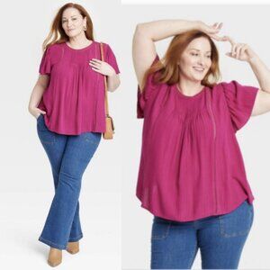 Knox Rose Magenta Pink Blouse Shirt Top Eyelet Lattice Flutter Sleeve Large Boho